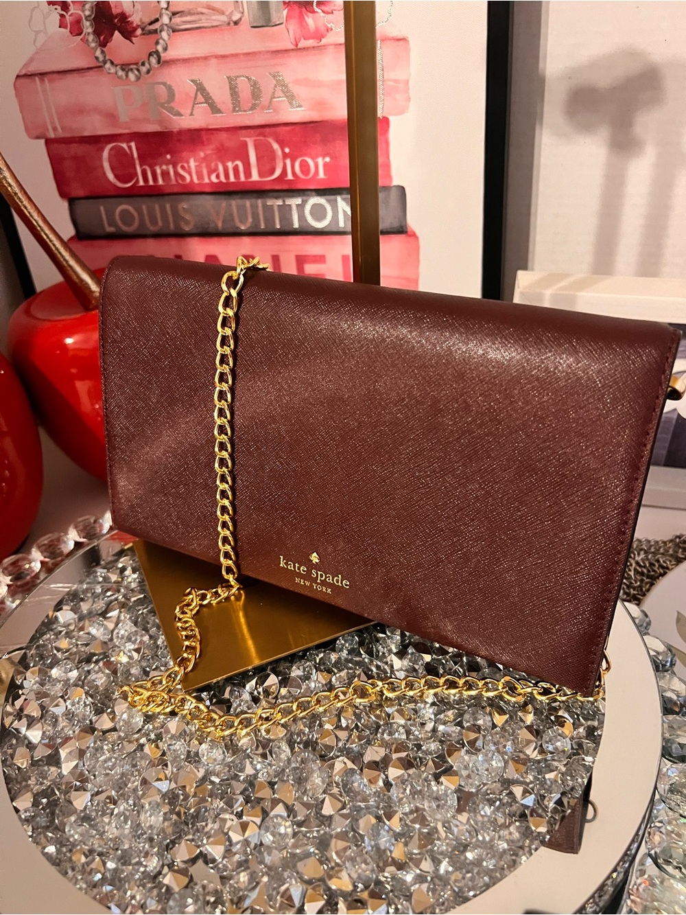 kate spade Burgundy clutch Crossbody bag chain can be  removable - Picture 8 of 13